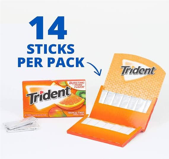 Trident Gum Tropical Twist Flavour Sugar Free Gum, 14 sticks (Pack of 12)