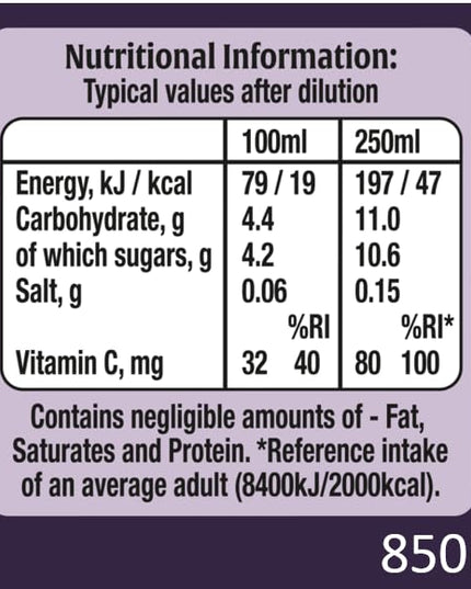 Ribena Blackcurrant Juice, 850 ml