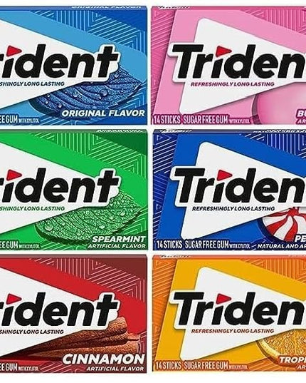 Trident's Chewing Gum Variety Pack Long Lasting (Original,Spearmint,Peppermint,Cinnamon,Tropical,Bubble Gum) Classic Chewing Gum Each 26gm Pack Of 6