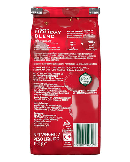 Starbucks Holiday Blend Medium Roast Ground Coffee, 190g