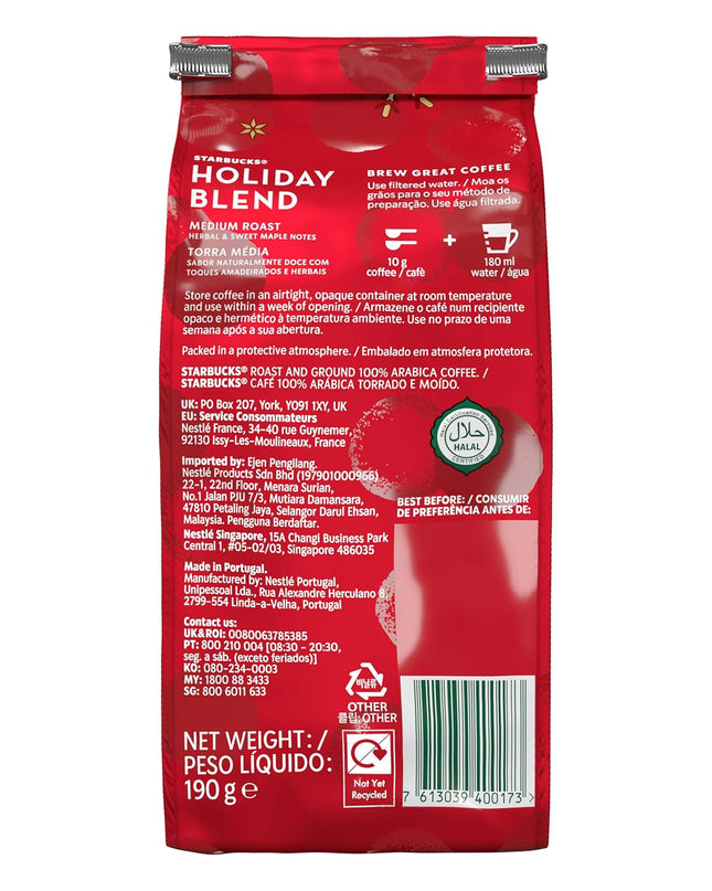 Starbucks Holiday Blend Medium Roast Ground Coffee, 190g