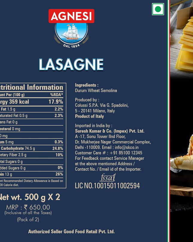 Agnesi Lasagne, 500G, Pack of 2, Product of Italy