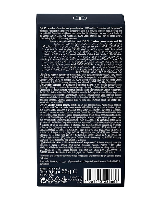 Davidoff Espresso 57 Ristretto Dark and Chocolate Coffee 10 Capsules, 11/12 Intensity, 100% Arabica, 55G