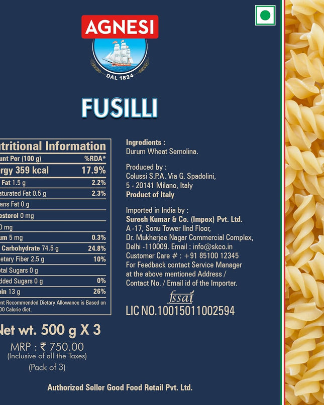 Agnesi Fusilli Pasta, 500g (Pack of 3)
