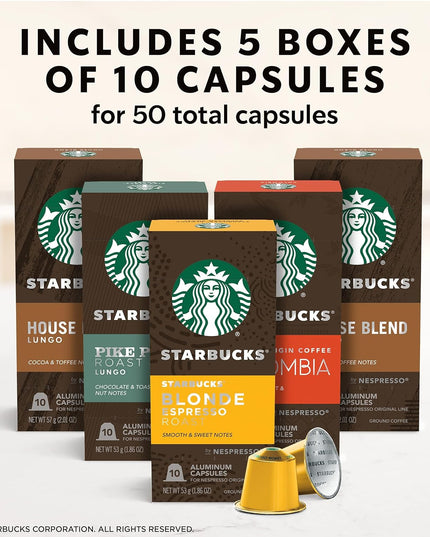 Starbucks by Nespresso Capsules, (50 Pods, Compatible With Nespresso Original Machines) (Mild Variety Pack), Box - 0.057 Kg
