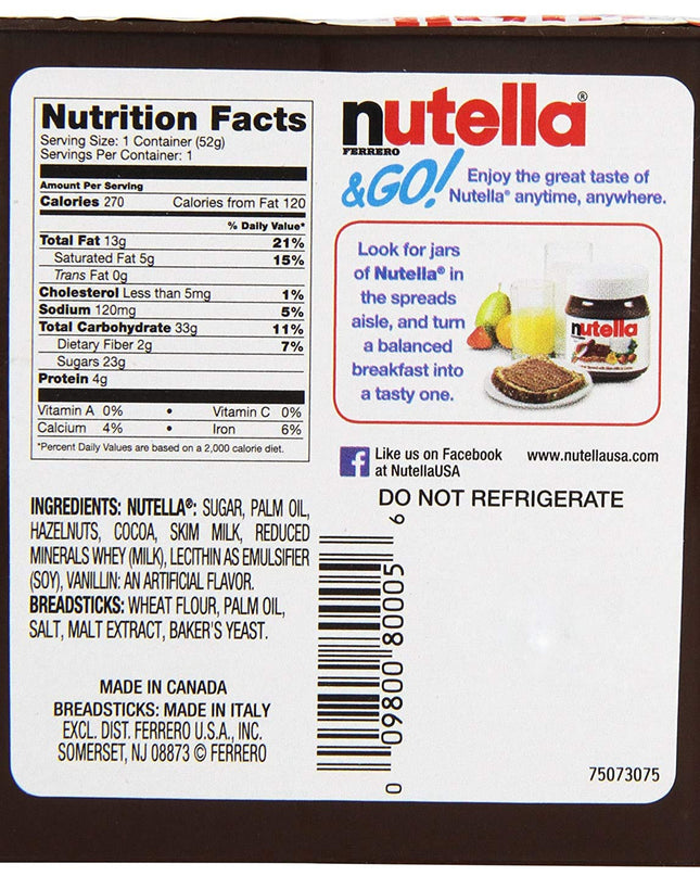 Nutella & Go Hazelnut Spread & Malted Bread Sticks, 52 Grams