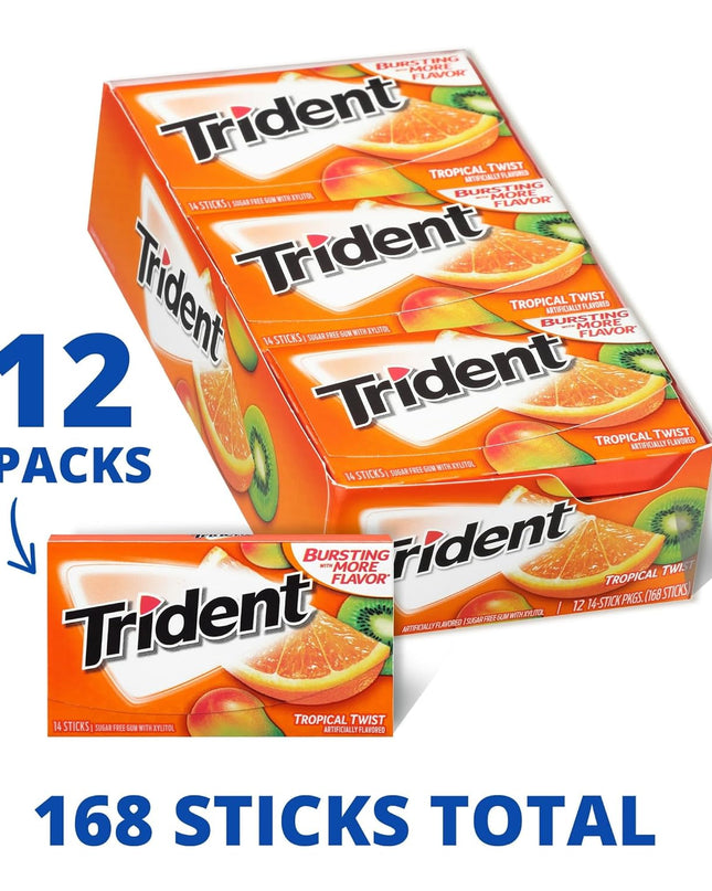 Trident Gum Tropical Twist Flavour Sugar Free Gum, 14 sticks (Pack of 12)