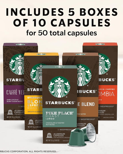 Nespresso Starbucks Capsules, Favorites Variety Pack (Box of 5, 50 Pods, Compatible with Nespresso Original Machines)